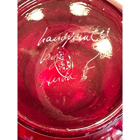 Vintage Fenton Ruby Red White Flowers Hand painted and Signed Ruffle Vase - Picture 4 of 4